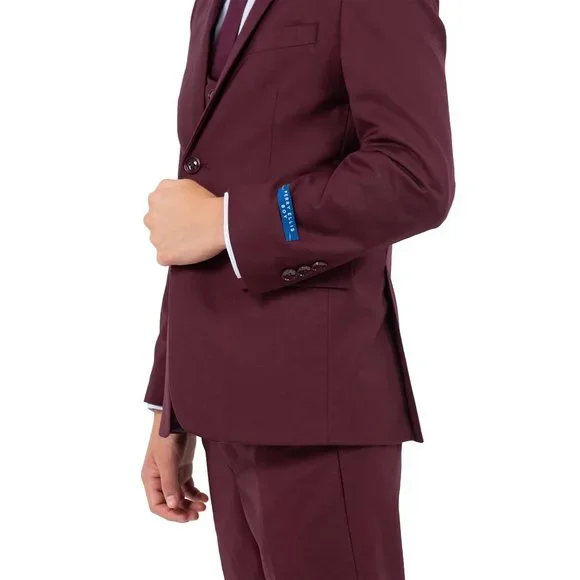 5-Piece Perry Ellis Portfolio Boys Slim Fit Solid Suit, Burgundy - Picture 3 of 6